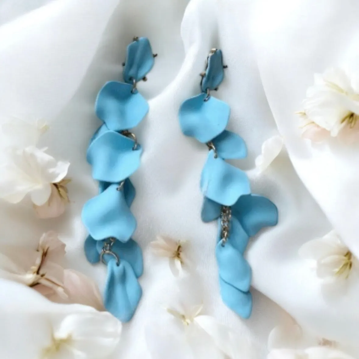 Blue- Baby blue pastel flower earrings | dangle petals baroque earrings | unique gold floral earrings | bridal party wedding earrings