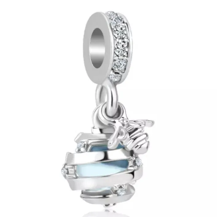 Blue Bee Hive Dangle Charm - 925 Sterling Silver