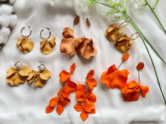 Brown - choco flower earrings | dangle petals statement earrings | unique golden bar floral earrings | bridal party wedding earrings