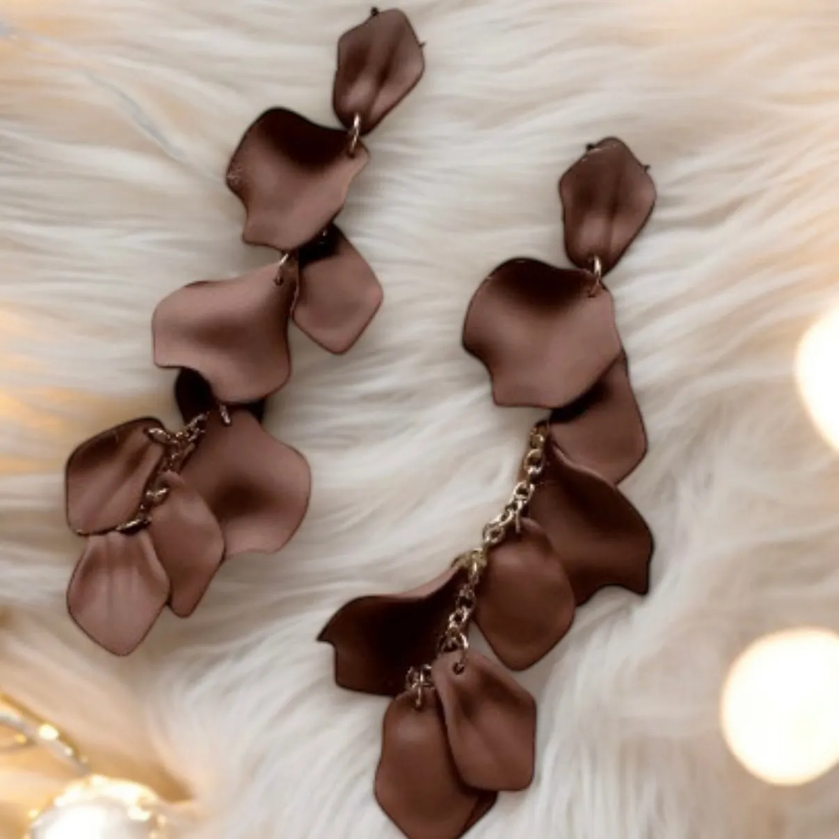 Brown - choco flower earrings | dangle petals statement earrings | unique golden bar floral earrings | bridal party wedding earrings