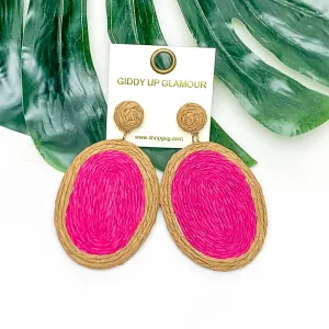 Brunch Bash Raffia Wrapped Oval Earrings in Hot Pink