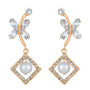 Butterfly Shaped American Diamond & Artificial Pearl Dangle Drop Earring