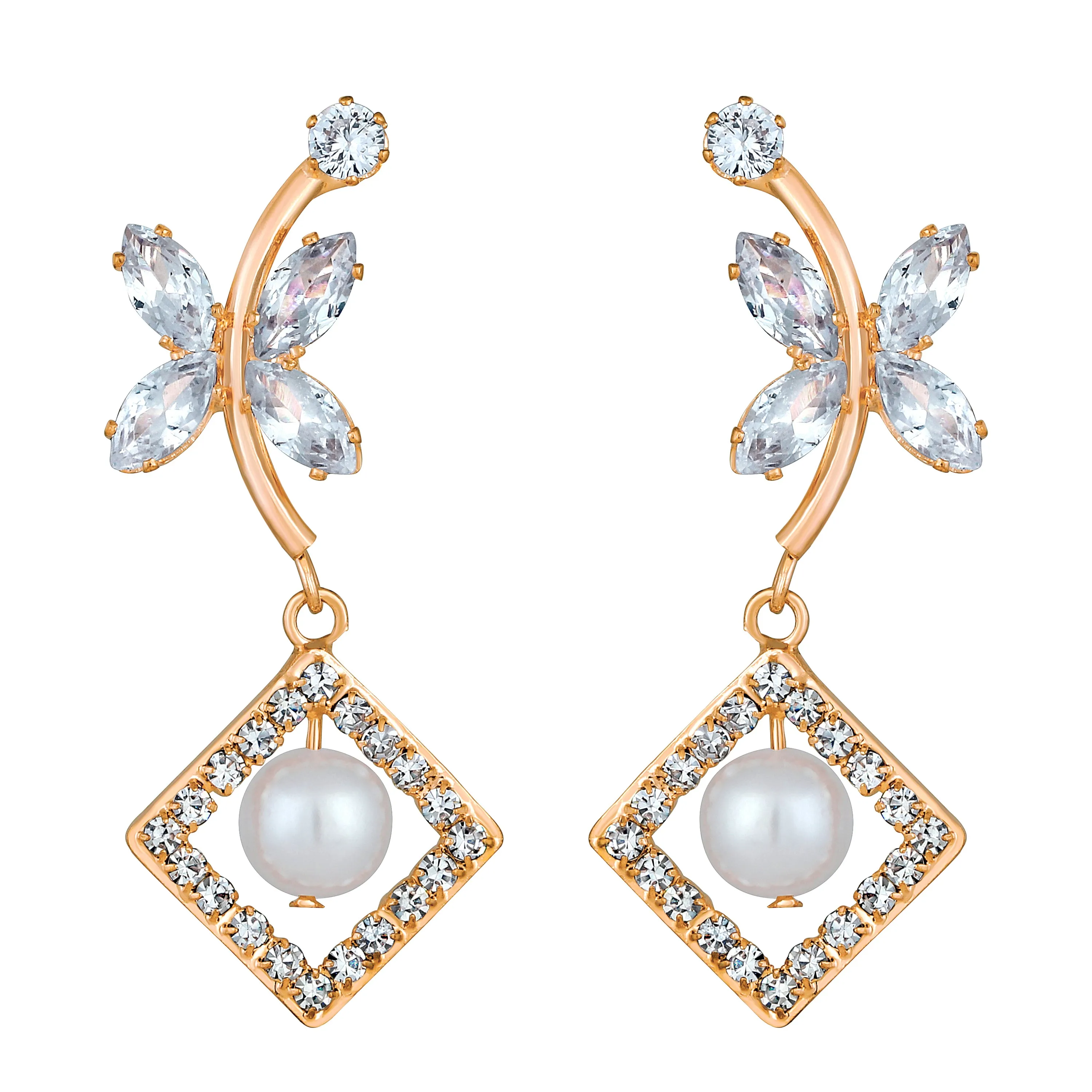 Butterfly Shaped American Diamond & Artificial Pearl Dangle Drop Earring