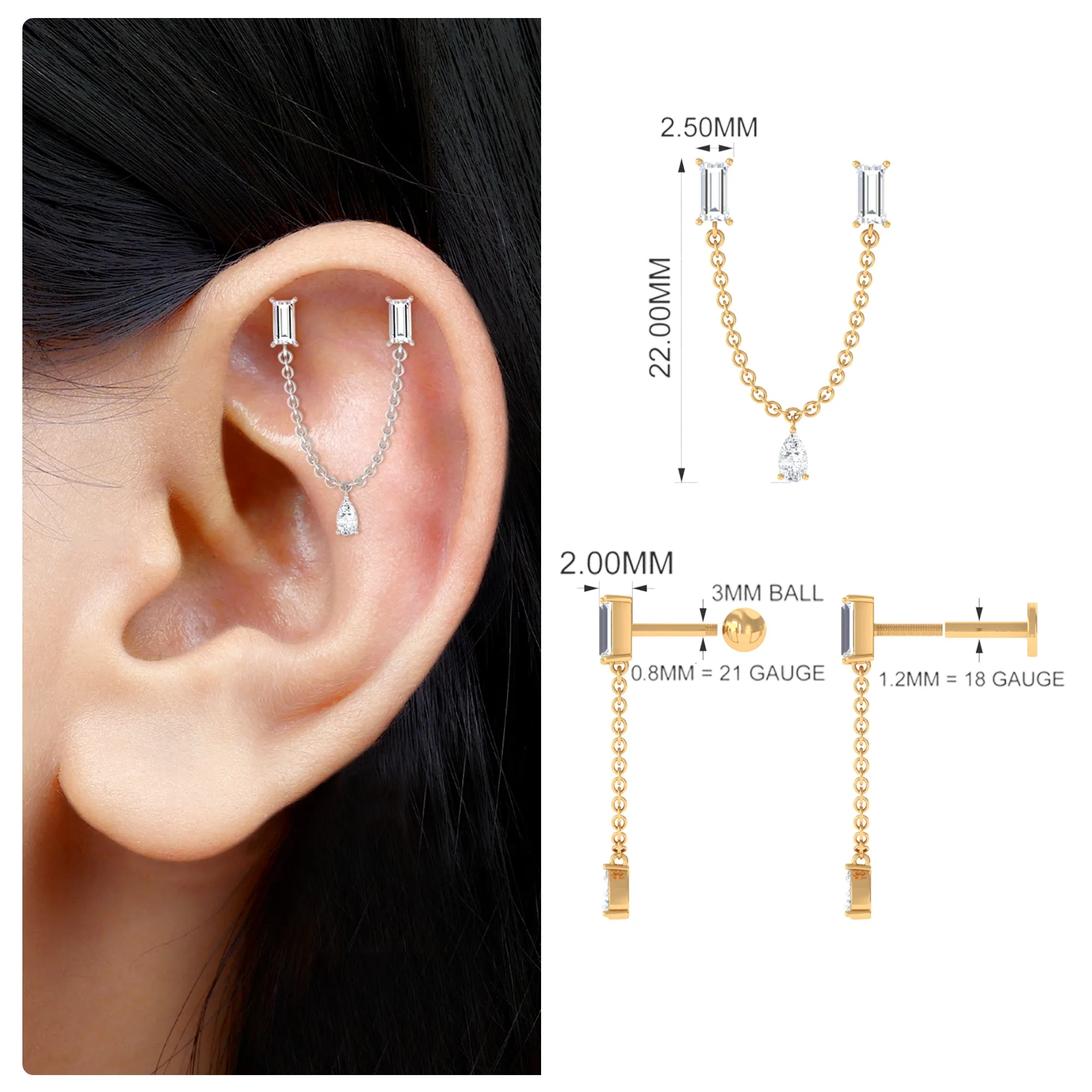 Certified Moissanite Double Piercing Earring with Dangling Chain