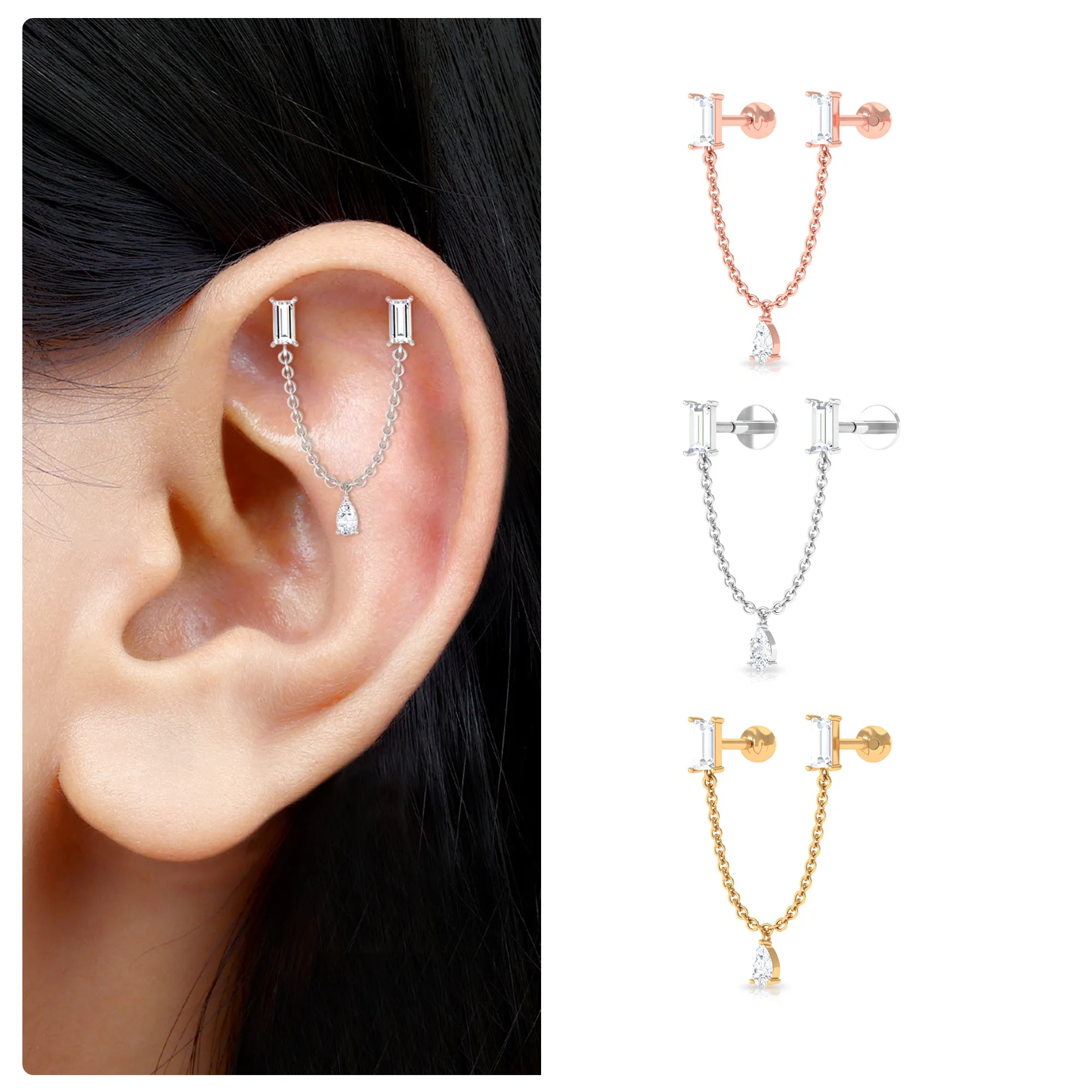 Certified Moissanite Double Piercing Earring with Dangling Chain