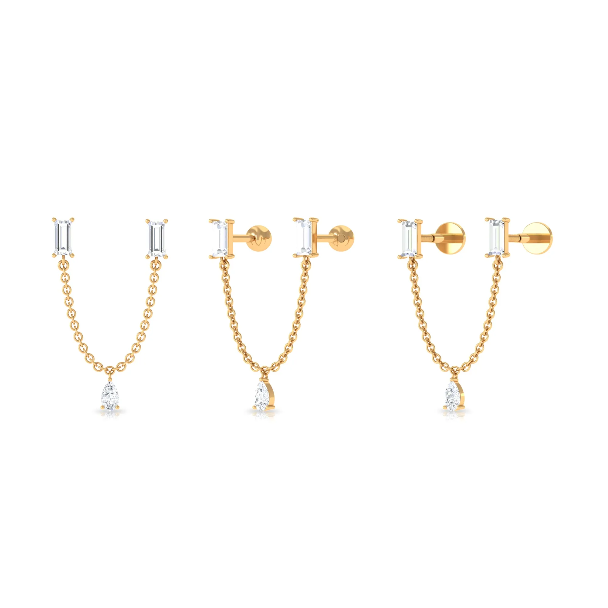 Certified Moissanite Double Piercing Earring with Dangling Chain