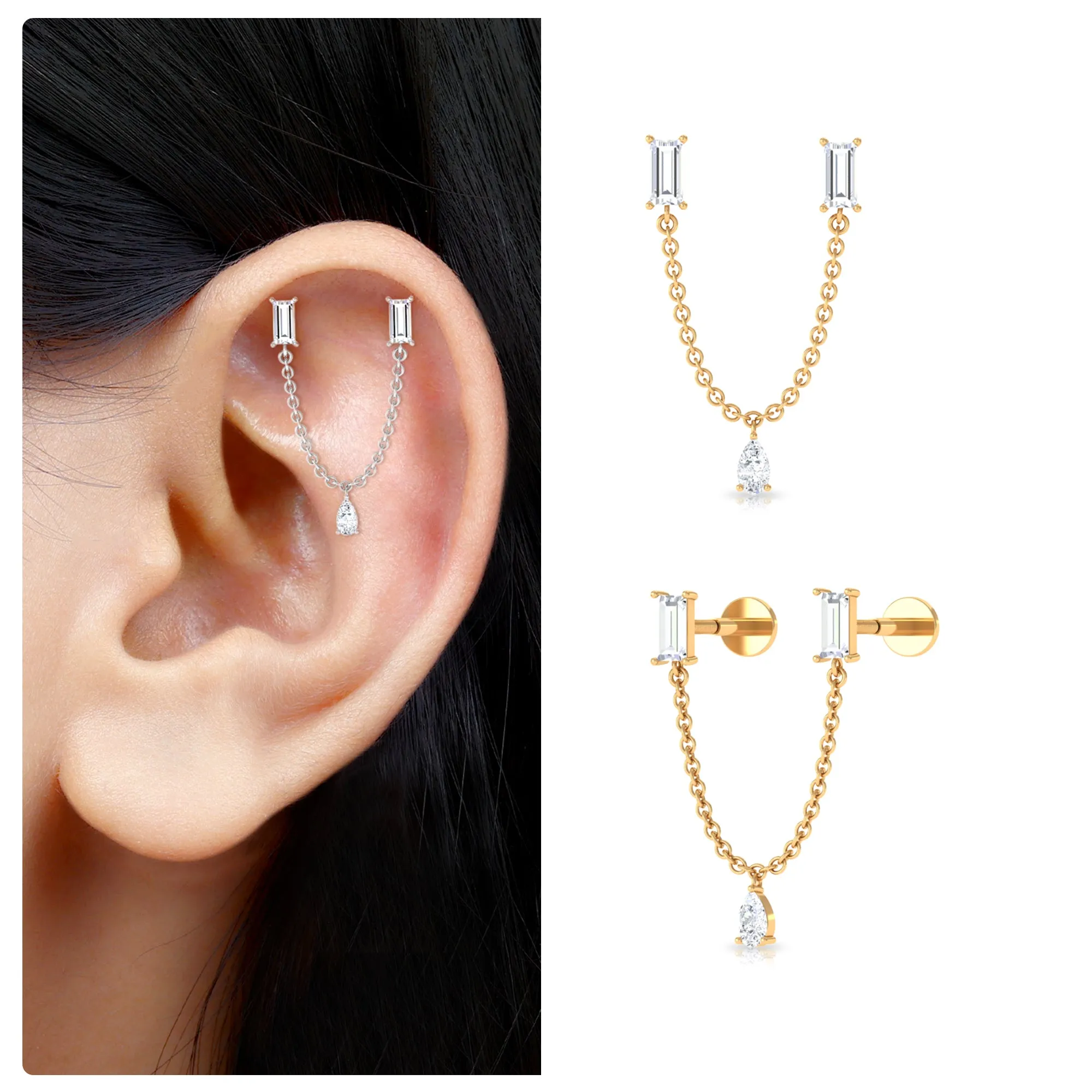 Certified Moissanite Double Piercing Earring with Dangling Chain