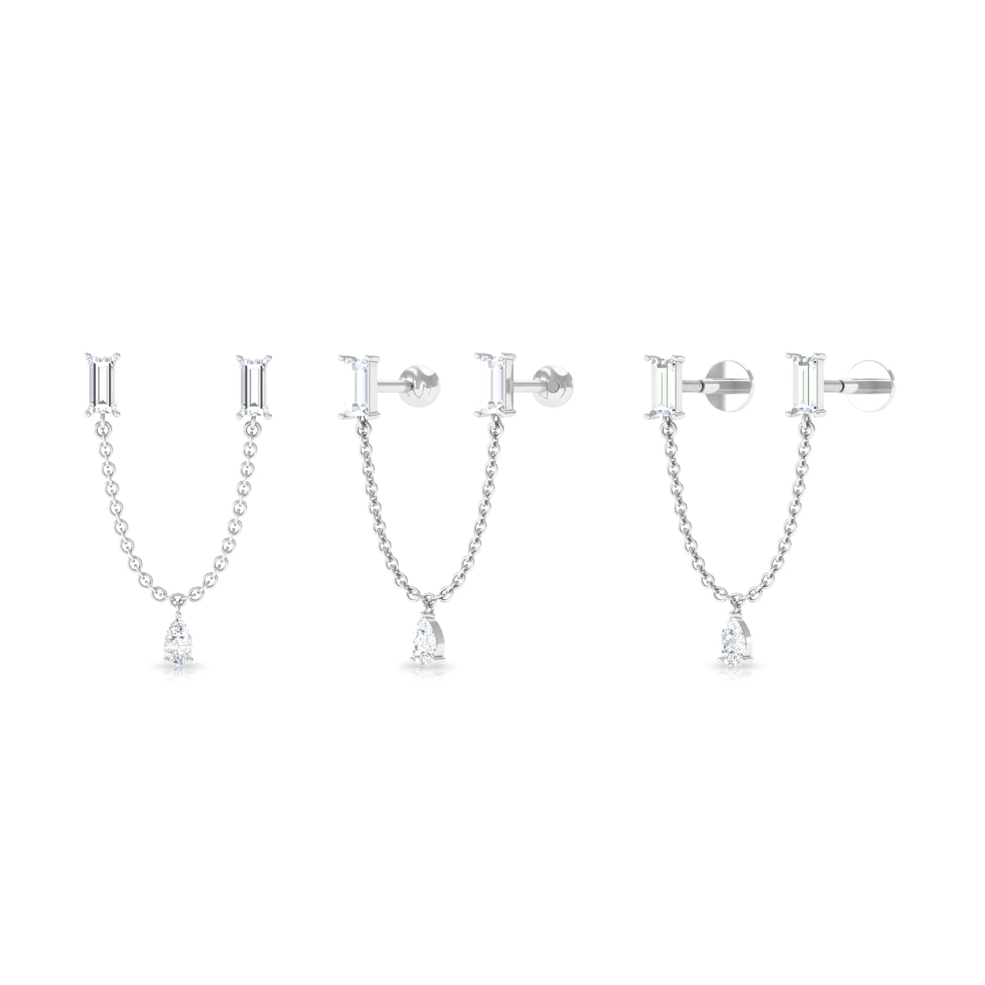 Certified Moissanite Double Piercing Earring with Dangling Chain