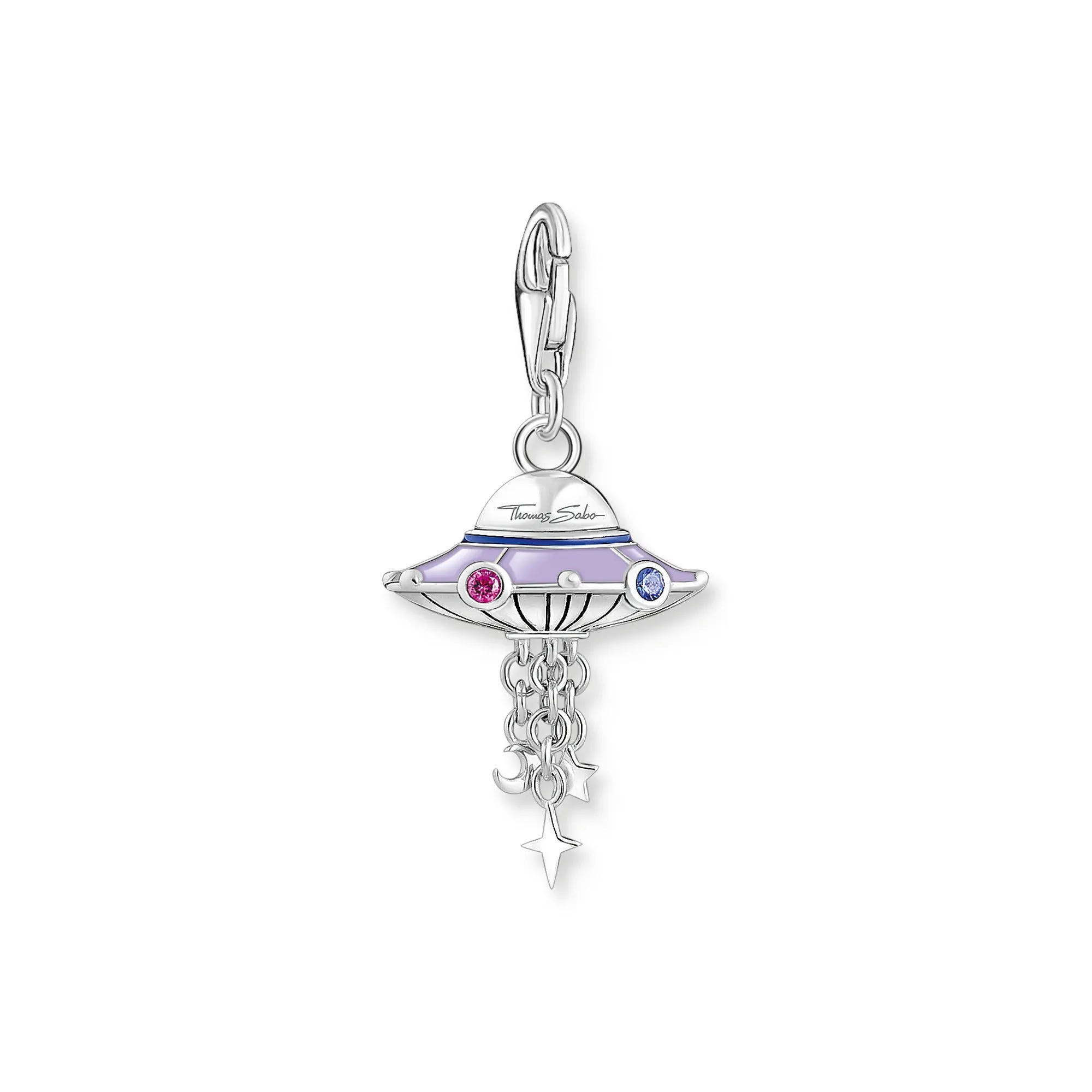 Charm pendant ufo with violet cold enamel and stones silver blackened