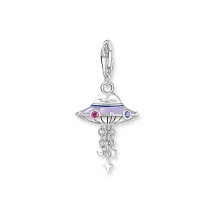 Charm pendant ufo with violet cold enamel and stones silver blackened