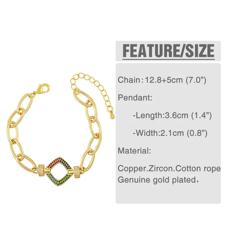 Chunky Thick Chain Star Square Bracelets For Women Rainbow CZ Rhinestone Bracelet