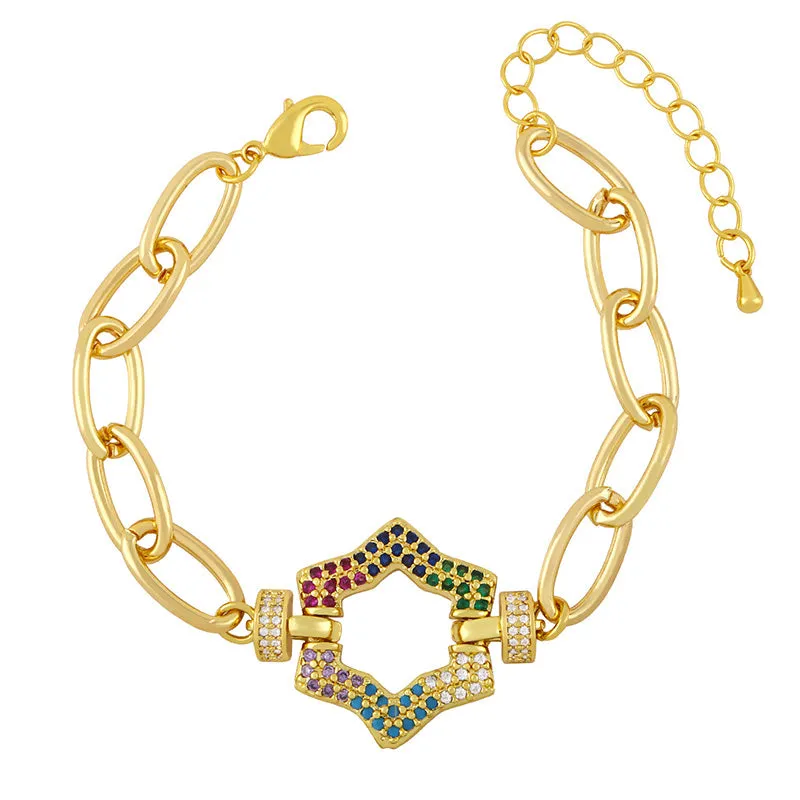 Chunky Thick Chain Star Square Bracelets For Women Rainbow CZ Rhinestone Bracelet