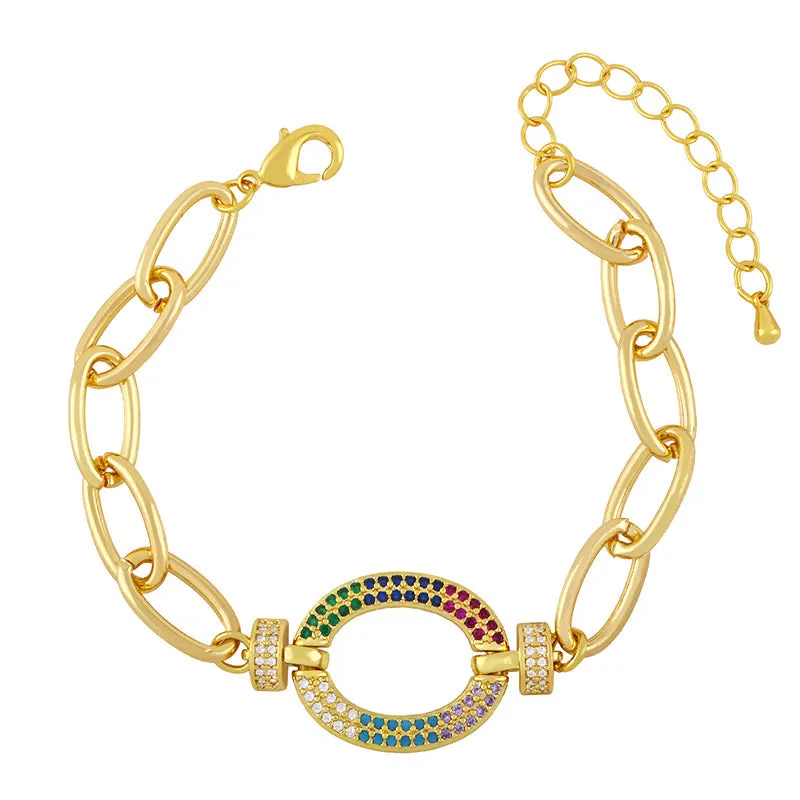 Chunky Thick Chain Star Square Bracelets For Women Rainbow CZ Rhinestone Bracelet