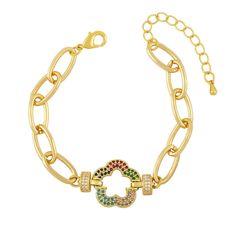 Chunky Thick Chain Star Square Bracelets For Women Rainbow CZ Rhinestone Bracelet