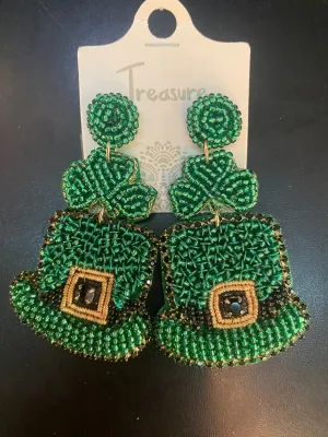 Clover and Leprechaun Hat Green Beaded Earrings