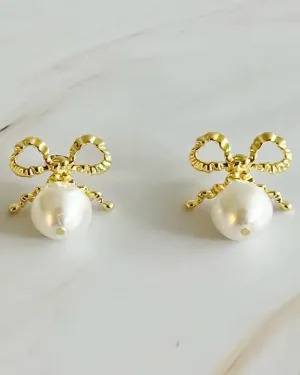 Dangle Pearl Antique Bow Earrings - Gold