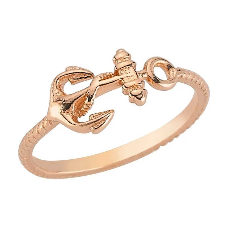 Delicate Simple Silver Anchor Midi Ring in Rose Gold