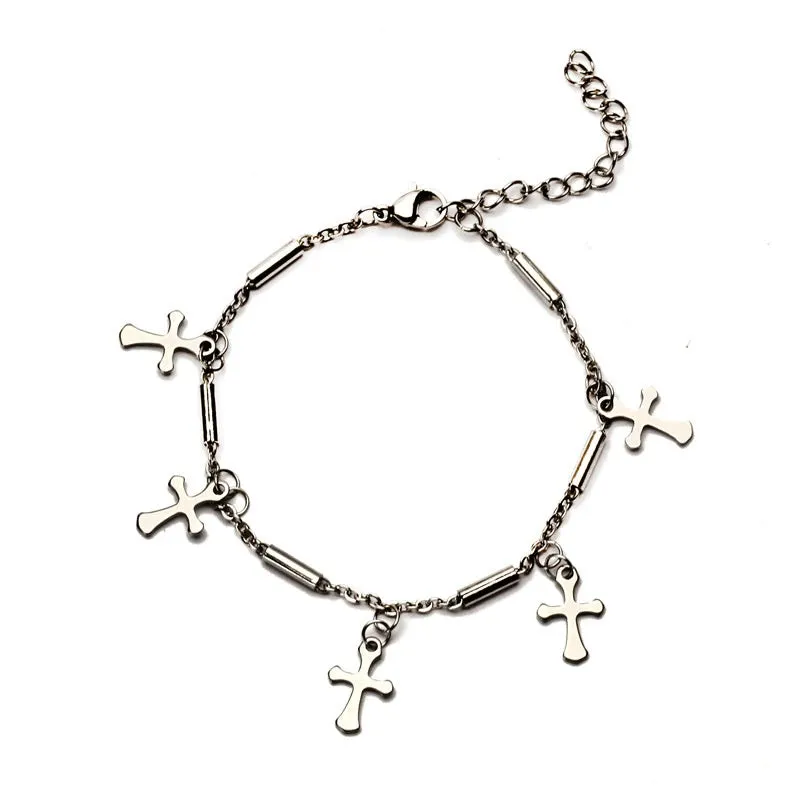 Double Chain Hollow Cross Pendant Stainless Steel Bracelet Fashion
