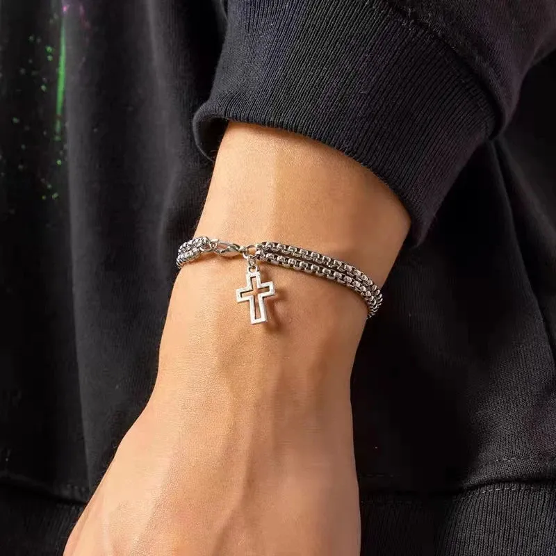 Double Chain Hollow Cross Pendant Stainless Steel Bracelet Fashion