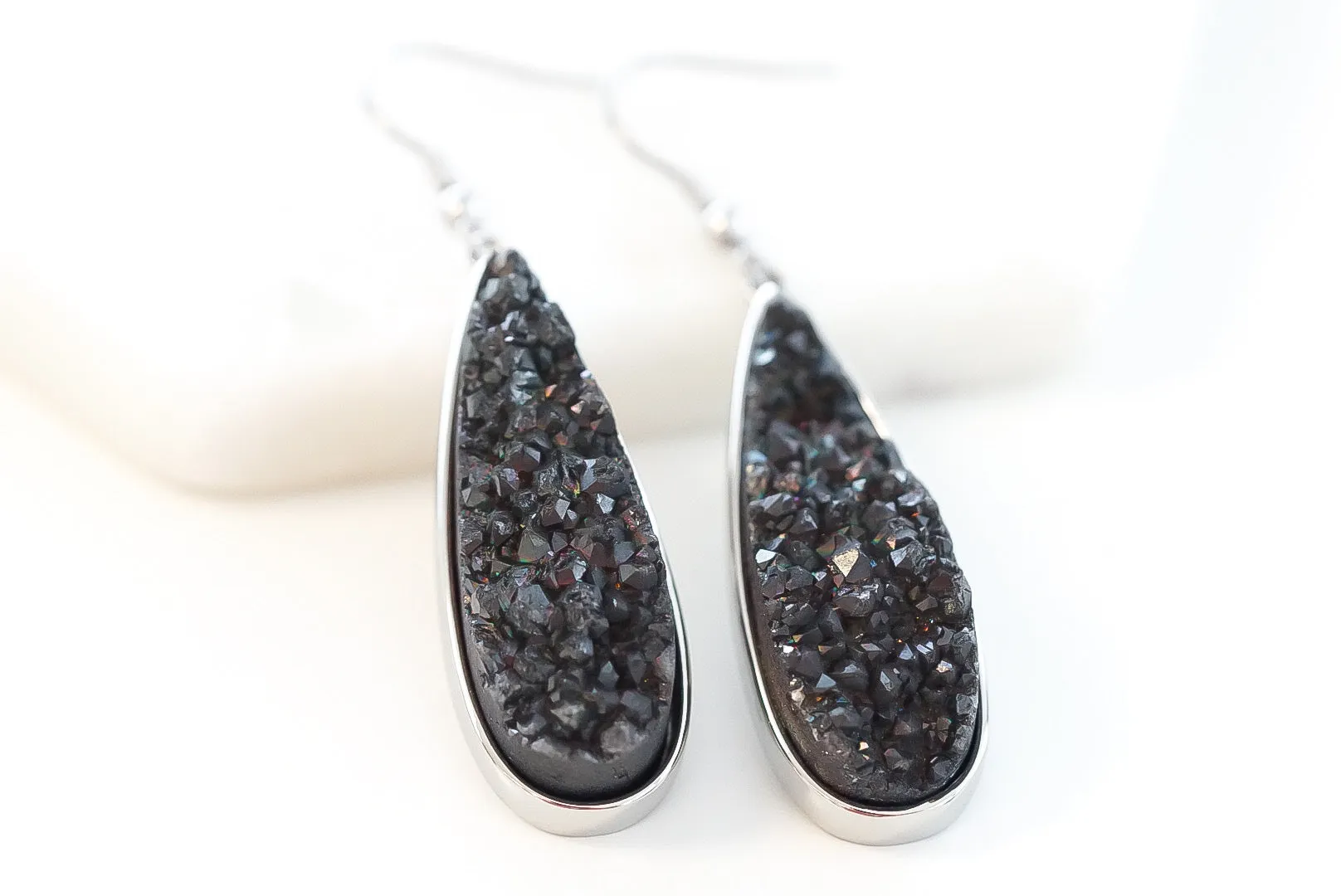Druzy Collection - Silver Raven Quartz Drop Earrings (Unique)