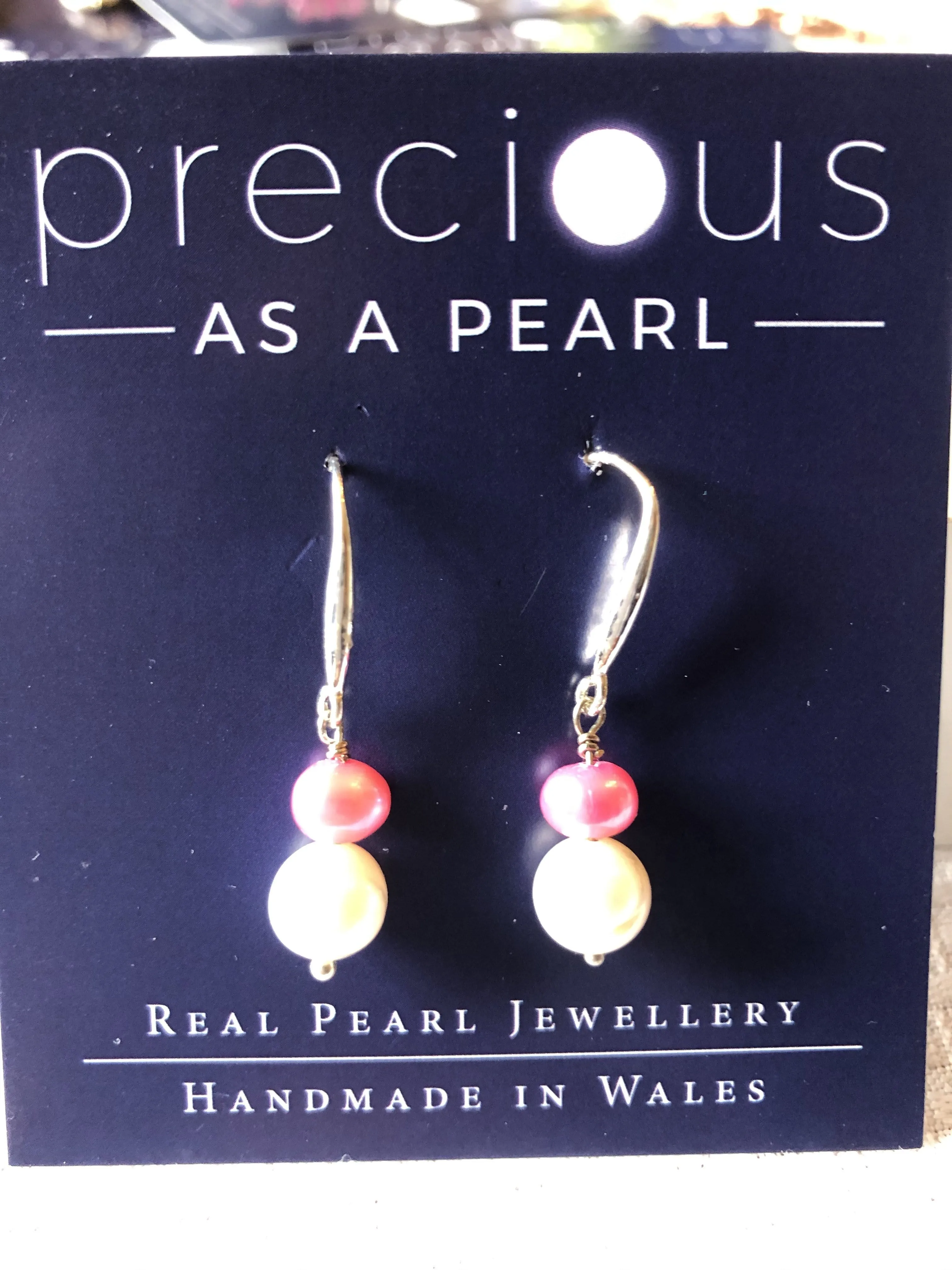 Earrings: Pink and ivory double pearl drop earrings