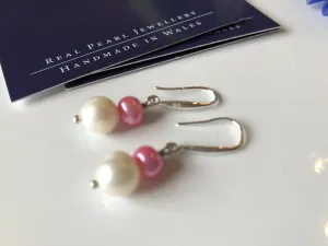 Earrings: Pink and ivory double pearl drop earrings