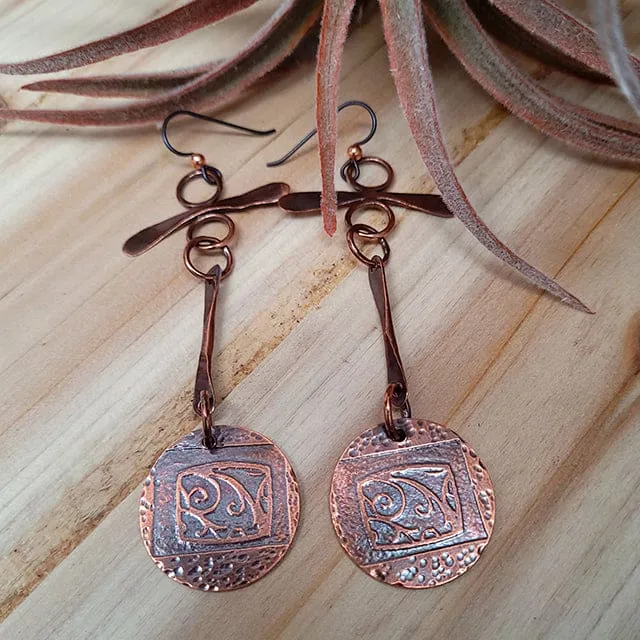 Etched Copper T-Bar Dangle Earrings