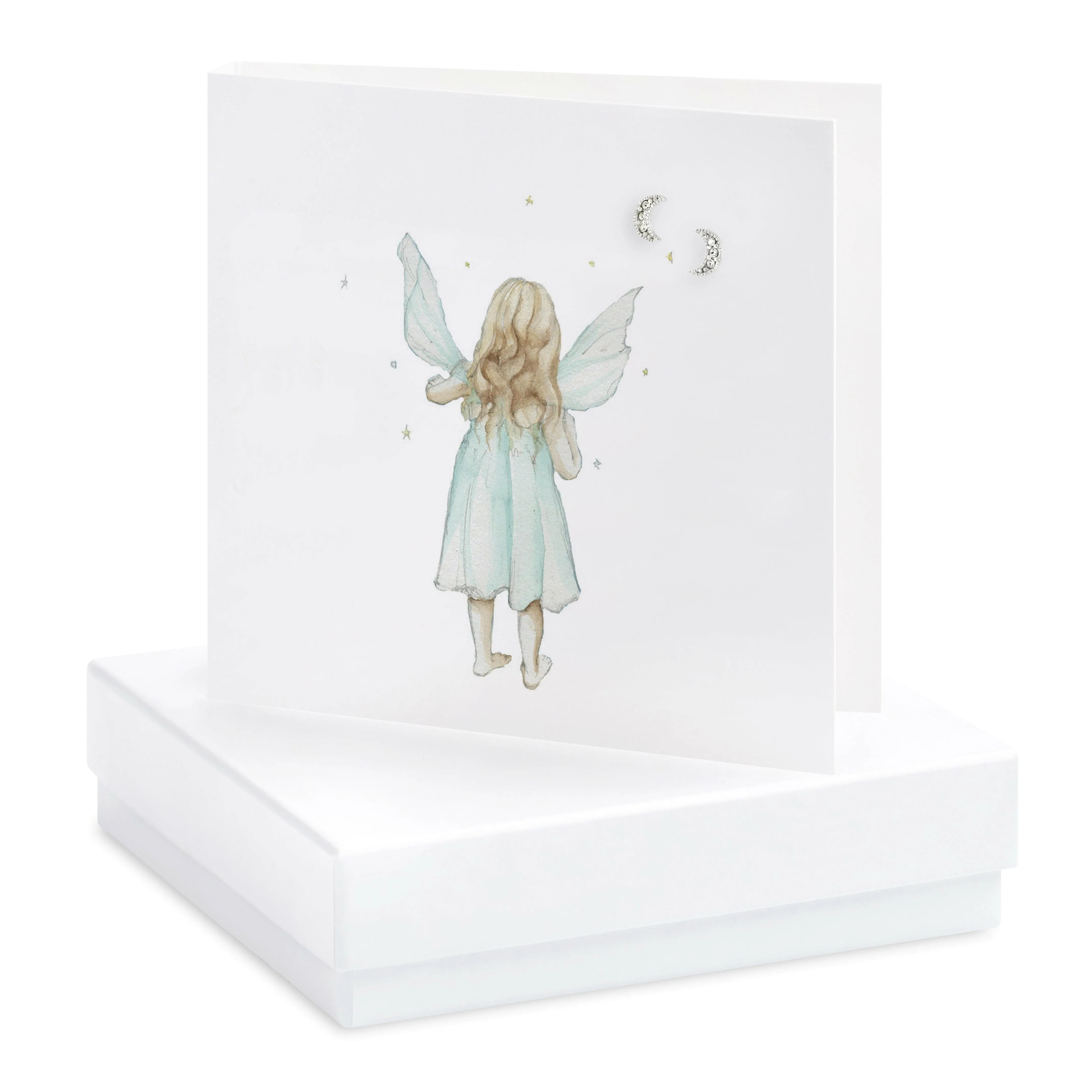 Fairy Sterling Silver Crystal Moon Stud Earrings on a Boxed Fairy Card - Unique and Whimsical Gift for Her
