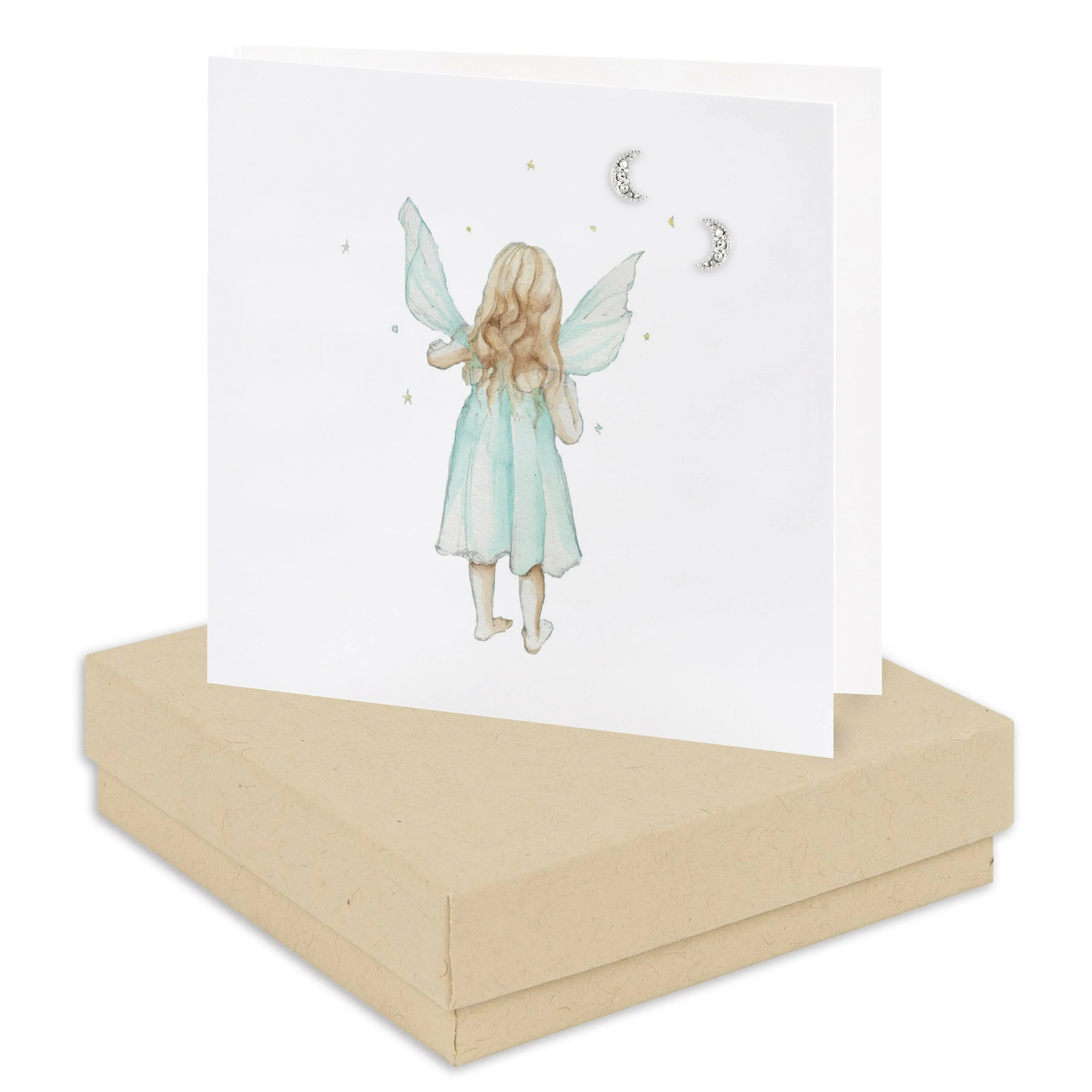 Fairy Sterling Silver Crystal Moon Stud Earrings on a Boxed Fairy Card - Unique and Whimsical Gift for Her