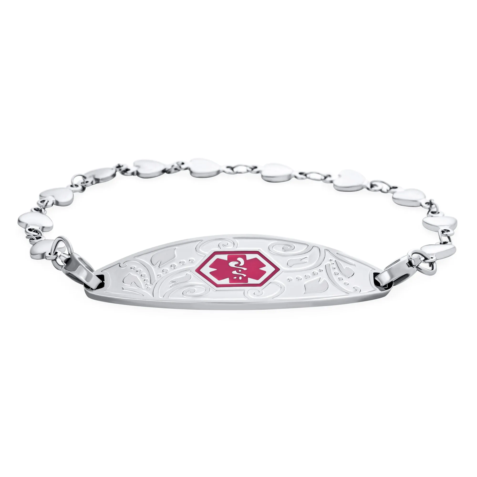 Feminine Antique Style Floral Leaf Medical ID Bracelet Pink Heart Link Chain 7.5"