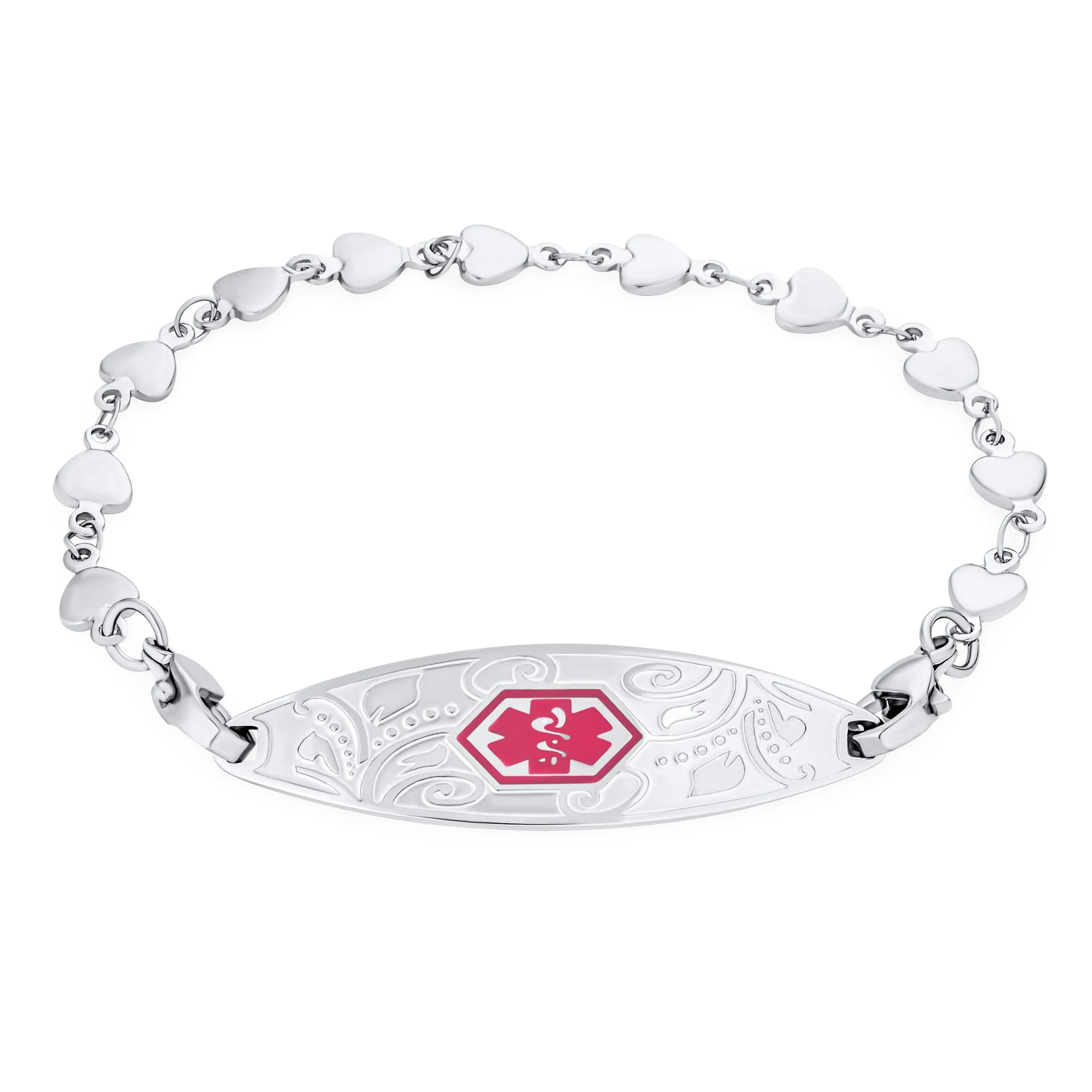 Feminine Antique Style Floral Leaf Medical ID Bracelet Pink Heart Link Chain 7.5"