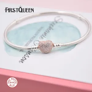 FirstQueen Pure 925 Silver Bracelet with Rose Gold Heart Clasp Fit Brand Charms Beads Anniversary DIY Gift For Jewelry Making