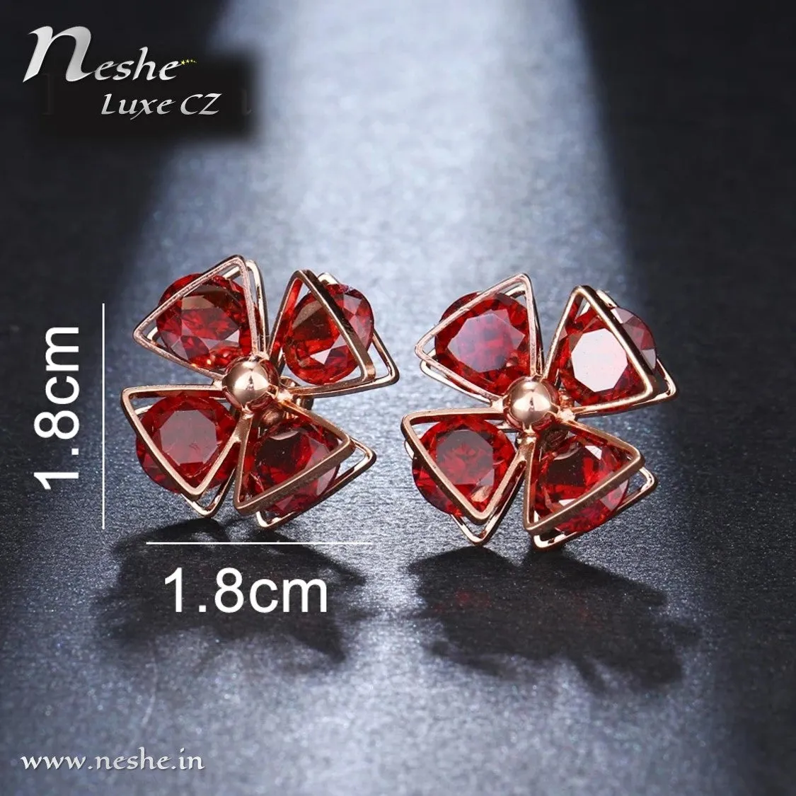 Flower Shape Red CZ Crystal Geometric Stud Earrings