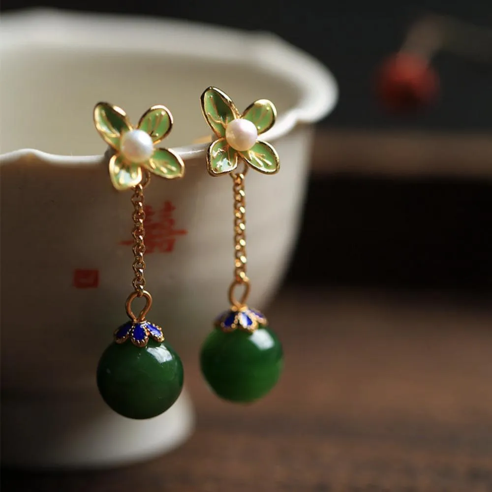 Four-leaf Clover Hetian Jade Enamel Unique Earrings