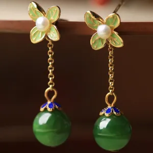 Four-leaf Clover Hetian Jade Enamel Unique Earrings