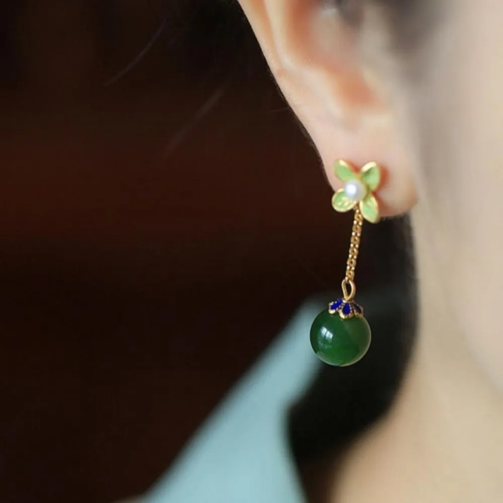 Four-leaf Clover Hetian Jade Enamel Unique Earrings