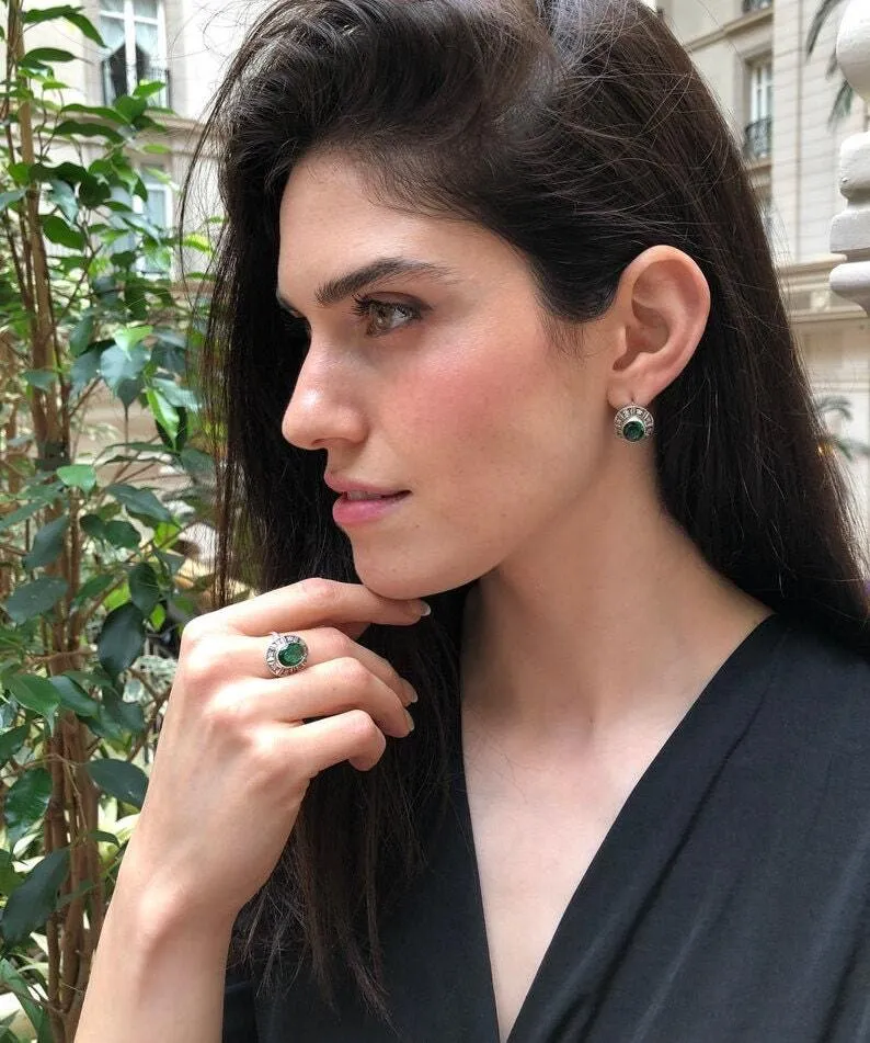 Genuine Chrysoprase Earrings - Large Green Studs - Vintage Oval Earrings