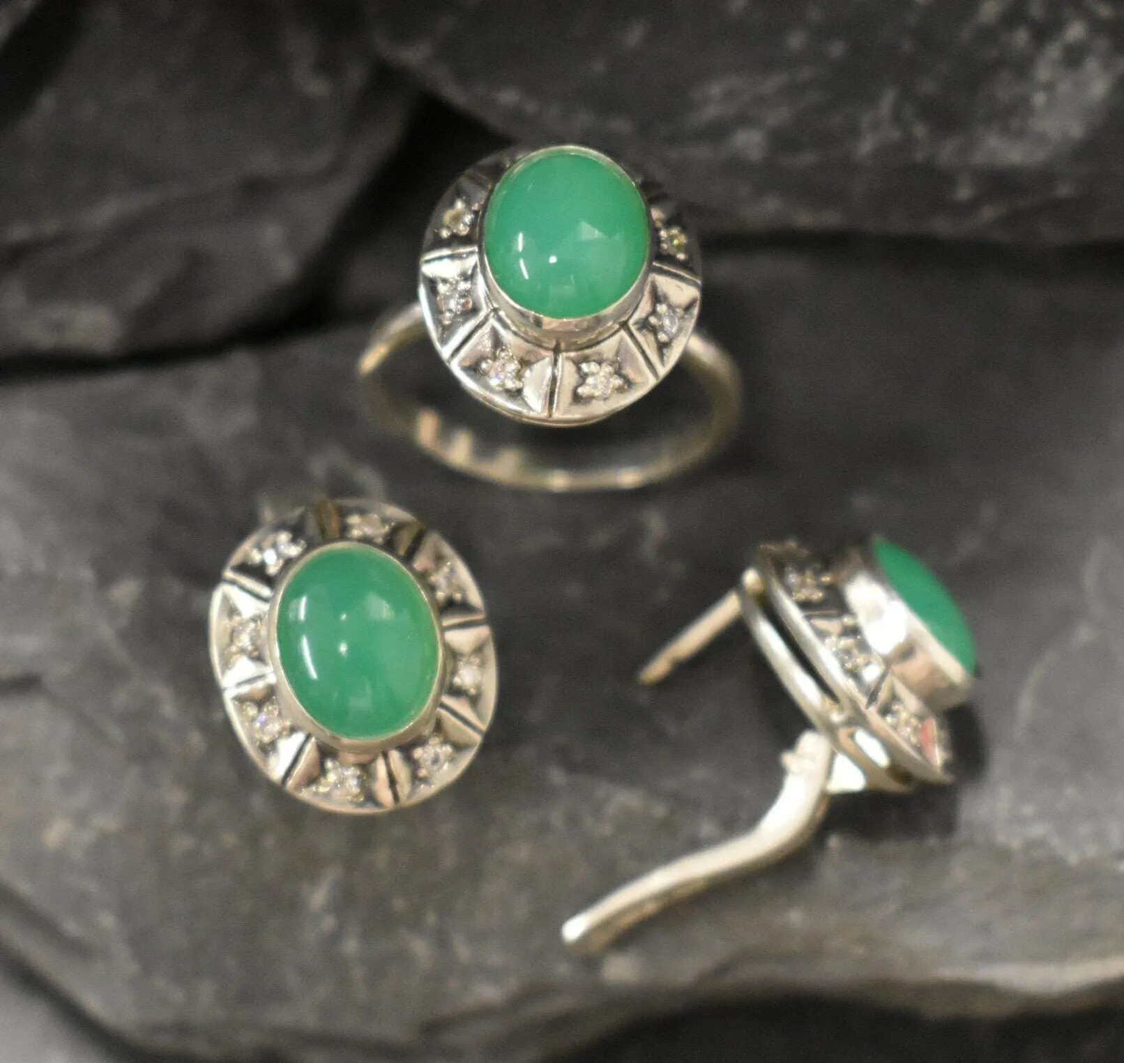 Genuine Chrysoprase Earrings - Large Green Studs - Vintage Oval Earrings