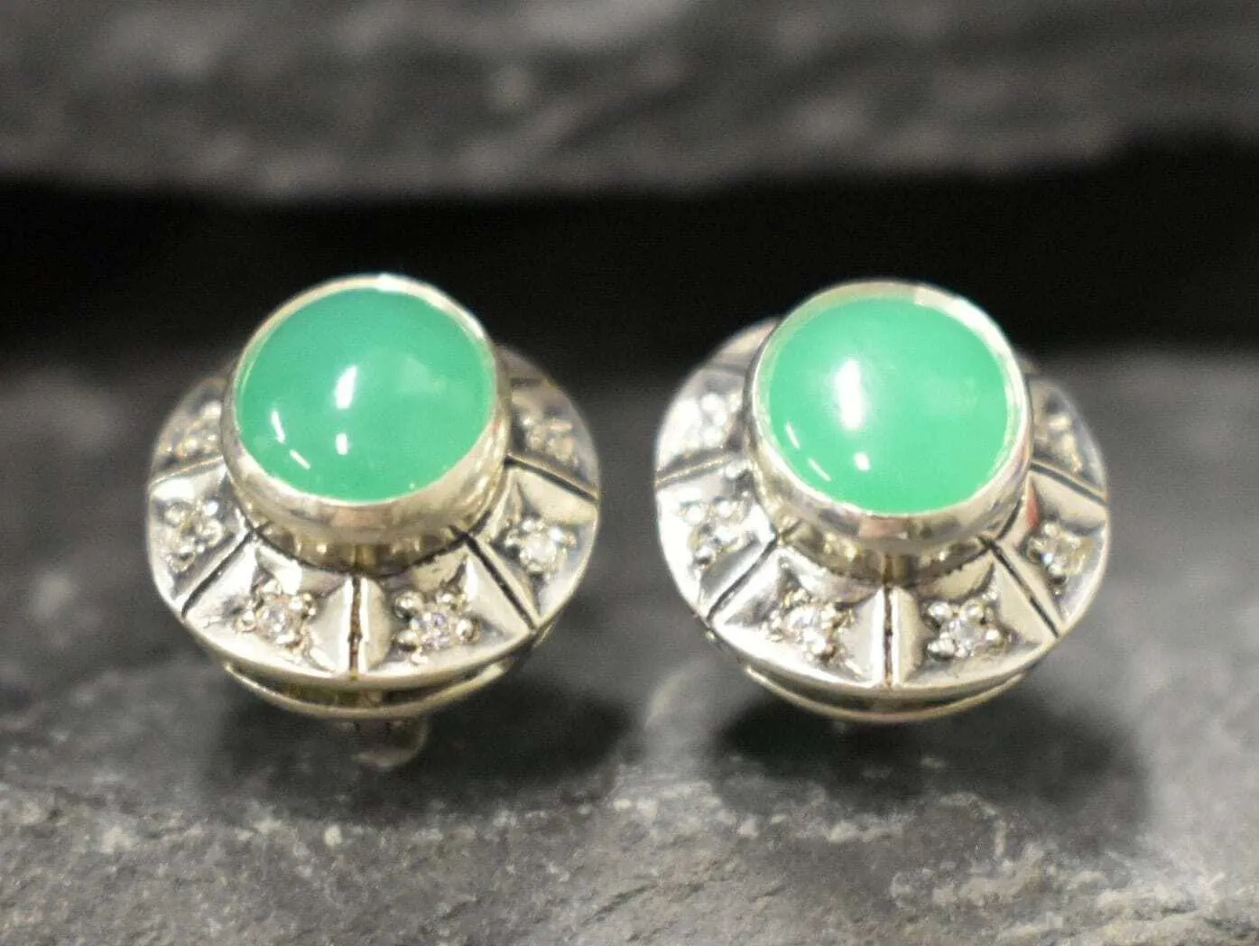 Genuine Chrysoprase Earrings - Large Green Studs - Vintage Oval Earrings