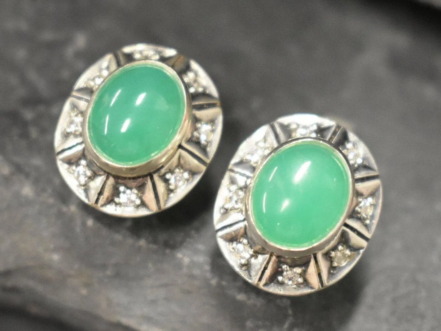 Genuine Chrysoprase Earrings - Large Green Studs - Vintage Oval Earrings