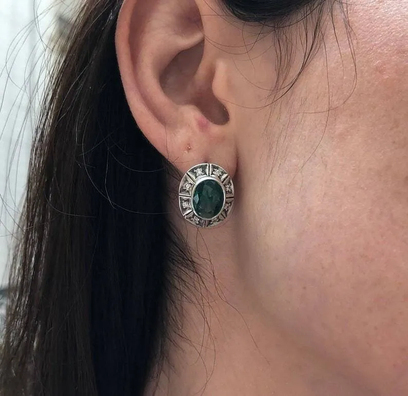 Genuine Chrysoprase Earrings - Large Green Studs - Vintage Oval Earrings