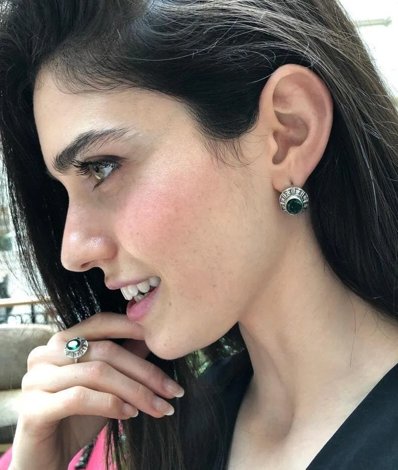 Genuine Chrysoprase Earrings - Large Green Studs - Vintage Oval Earrings