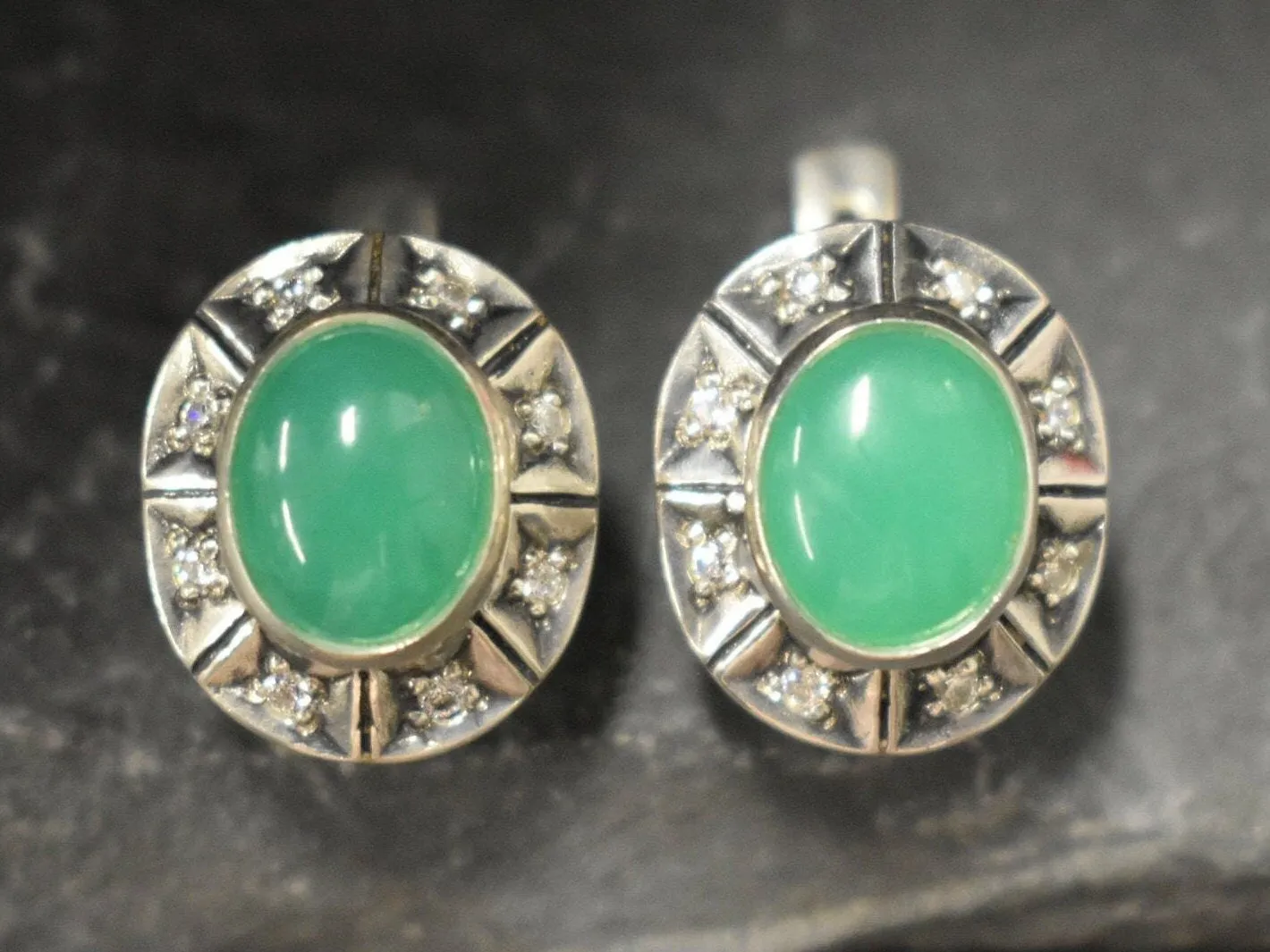 Genuine Chrysoprase Earrings - Large Green Studs - Vintage Oval Earrings