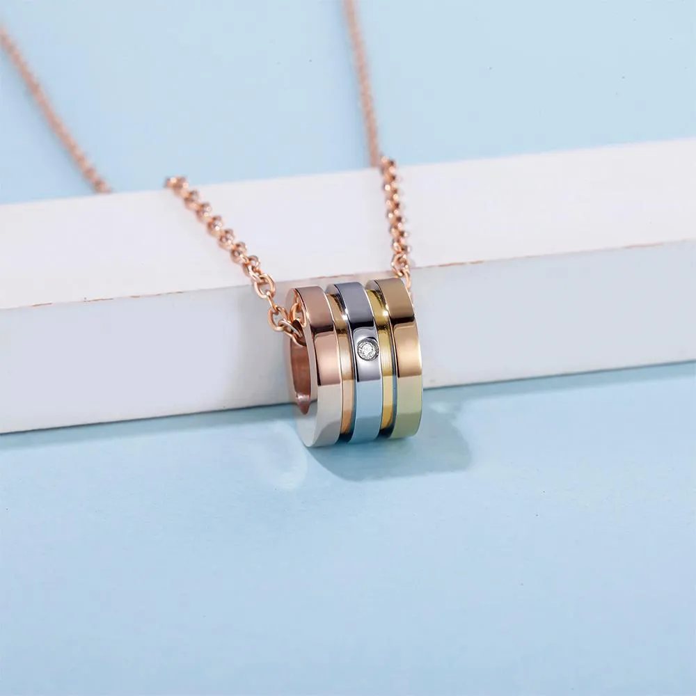 Genuine Single Diamond Set Barrel Slider Pendant Necklace Tri-Tone Gold Titanium