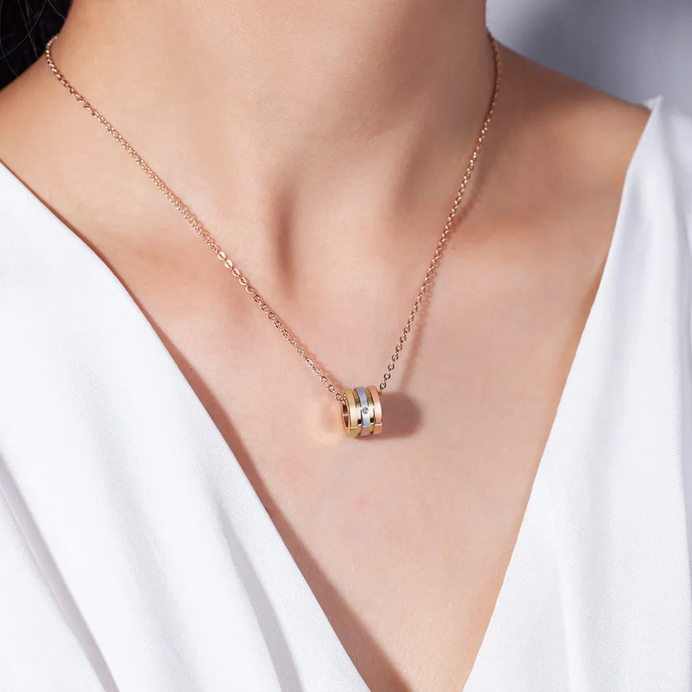 Genuine Single Diamond Set Barrel Slider Pendant Necklace Tri-Tone Gold Titanium