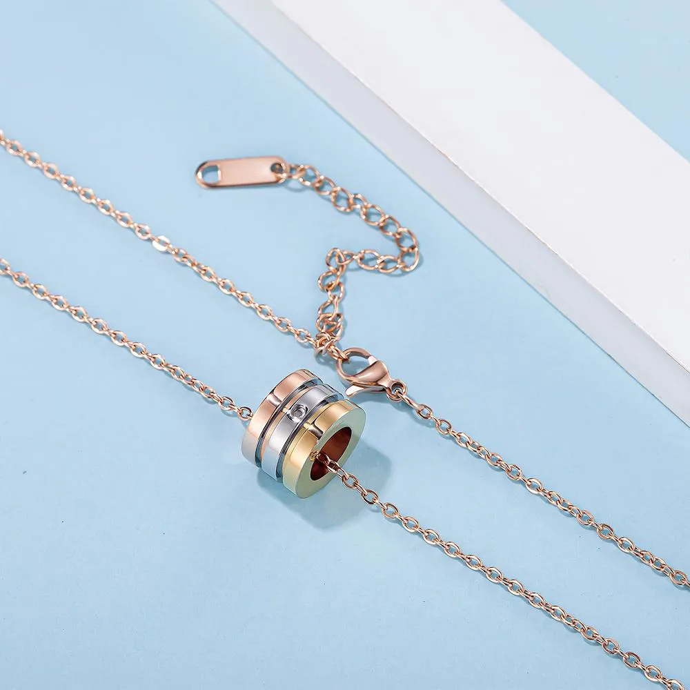 Genuine Single Diamond Set Barrel Slider Pendant Necklace Tri-Tone Gold Titanium