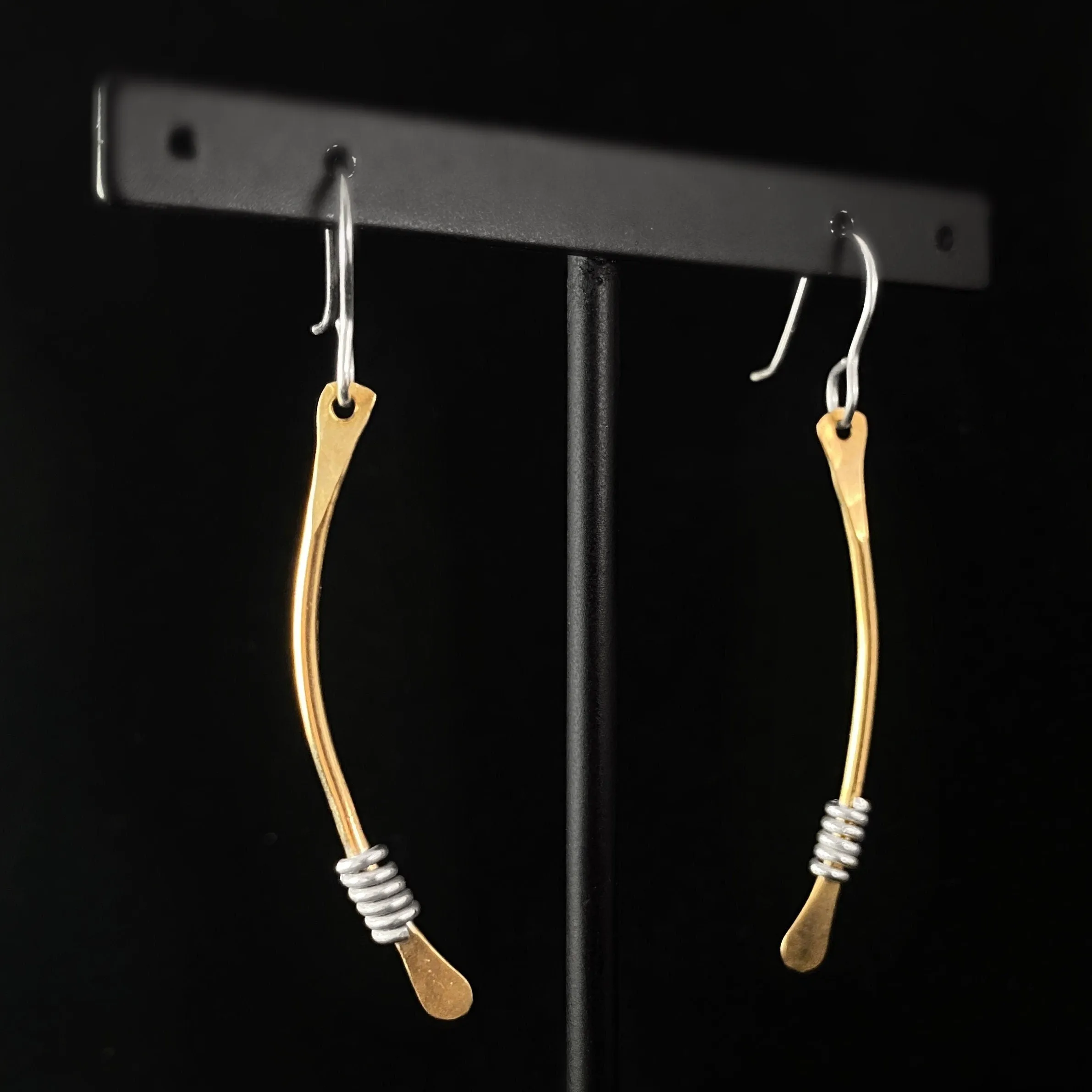 Gold Curved Bar Earrings with Silver Coils, Handmade - Recycled Materials