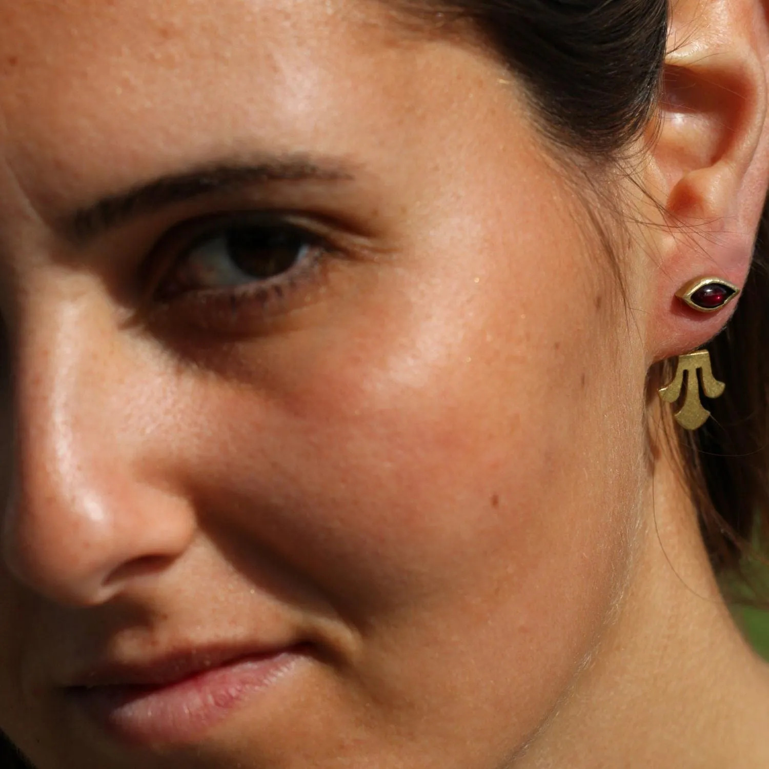 Gold Dainty Garnet Ear Jacket Earrings