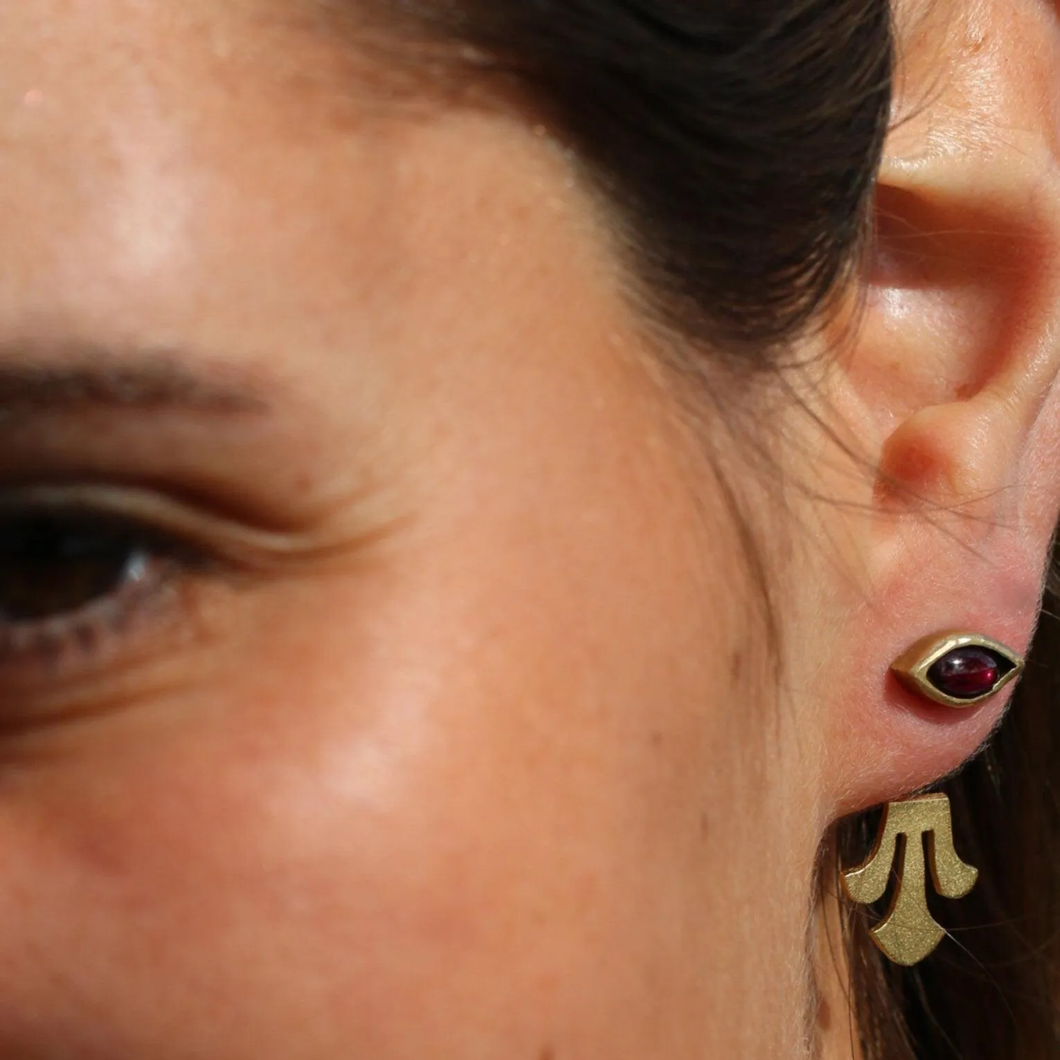 Gold Dainty Garnet Ear Jacket Earrings