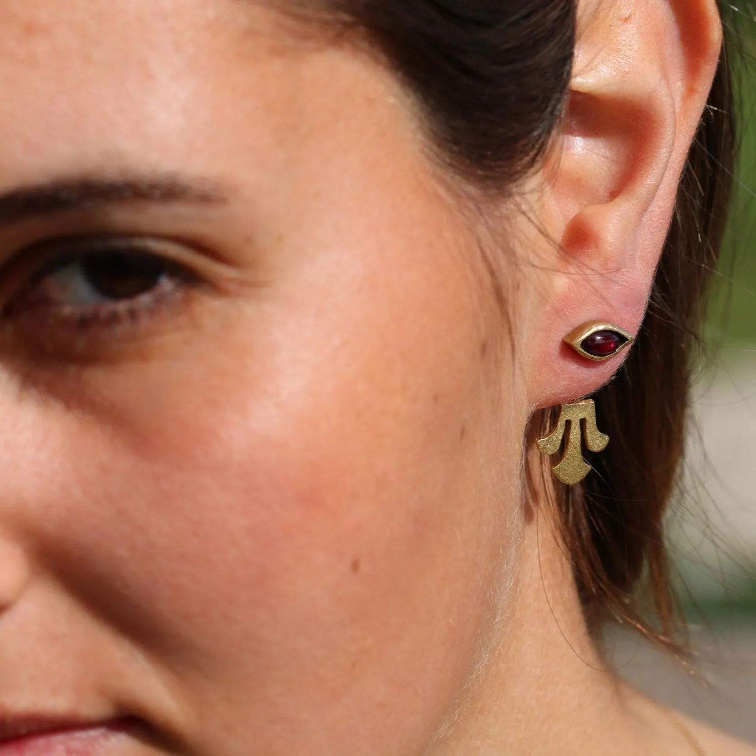 Gold Dainty Garnet Ear Jacket Earrings